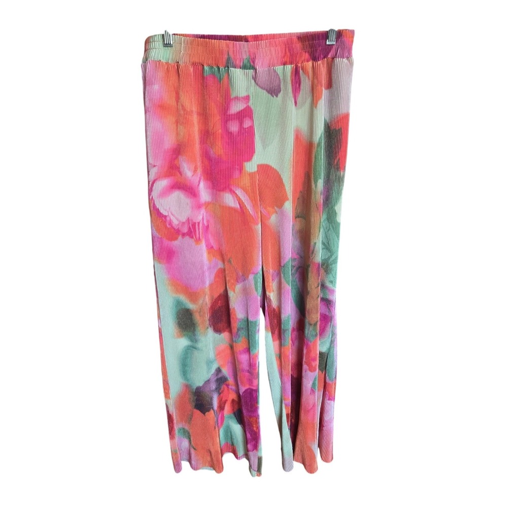 Intempo Wide Leg Pants Colorful‎ Floral Plisse Abstract Pockets Vacation Resort